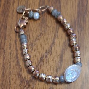 Vintage Gold and Gray Beaded Bracelet with White Pearl Accent